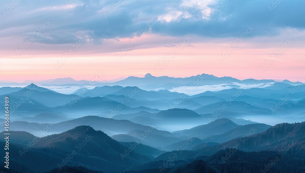 Fototapeta premium Majestic sunrise over layered mountains, peaceful valley, scenic view, travel poster