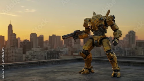 Golden Mech Warrior at Dawn Over City Skyline A Futuristic Robot Stands Guard