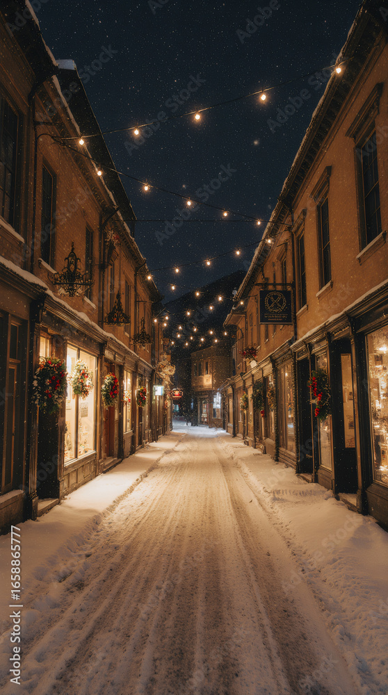 Naklejka premium Festive snowy street lined with glowing lights, decorated shop windows, and wreaths; night scene, no one in sight