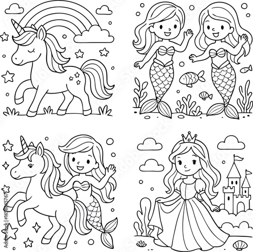 Beautiful mermaid in sea. Coloring book page. Princess doodle. Sea creatures drawing