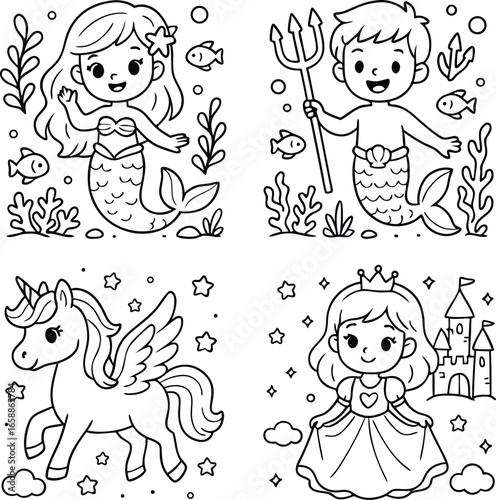 Beautiful mermaid in sea. Coloring book page. Princess doodle. Sea creatures drawing