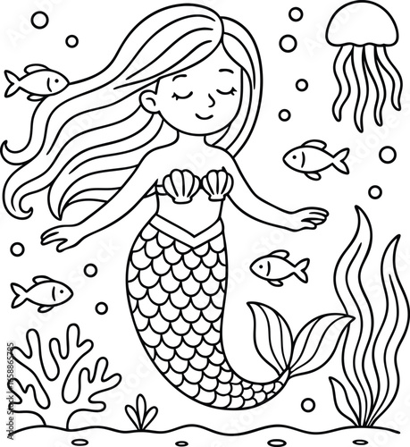 Beautiful mermaid in sea. Coloring book page. Princess doodle. Sea creatures drawing