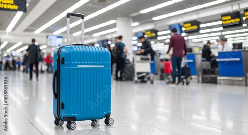 Travel bag sits waiting at a busy airport check-in area during the morning rush hour