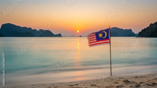 Malaysian Flag at Sunset: Serene Tropical Beachscape with Islands and Calm Waters