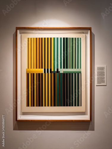Abstract art exhibit, gallery wall, indoor lighting, description