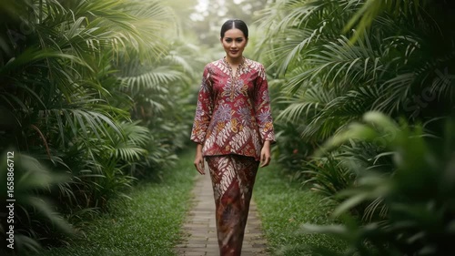Elegant Woman in Traditional Batik Clothing Strolling Through Lush Tropical Garden Pathway