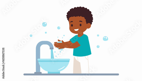 Little boy washes his hands with soap and water to stay healthy and prevent germs from spreading
