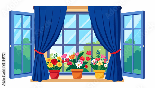 Fresh flowers in pots brighten open window with blue curtains, bringing nature indoors for a cheerful ambiance