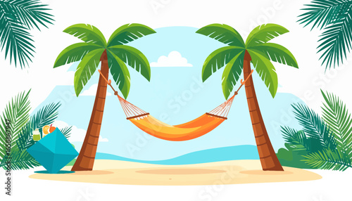 Relaxing getaway with hammock strung between palm trees on tropical beach beckons vacationers
