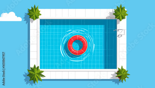 Relaxing poolside escape with a vibrant float, perfect for summer vibes and sunny getaways, originally vector