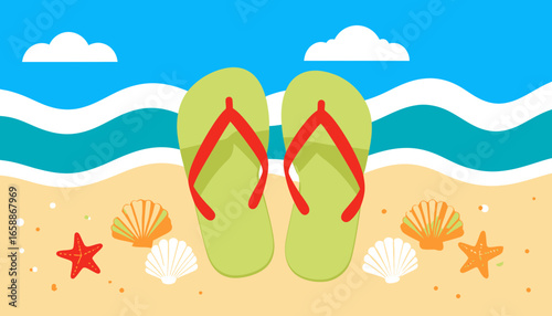 Relaxing beach getaway with flip-flops, seashells, and starfish inviting summer vacation vibes