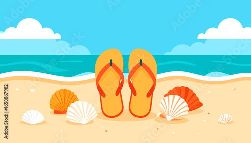 Relaxing beach day scene with bright flip flops and seashells by the ocean shore sunshine