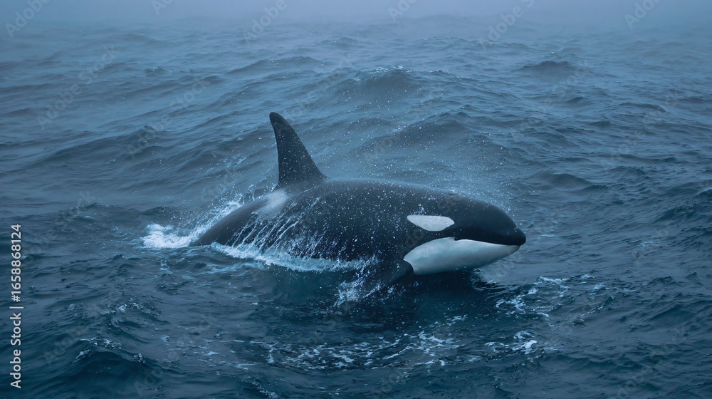 Fototapeta premium Orca swimming gracefully, large black and white marine mammal gliding through deep blue ocean waters, serene aquatic scene.