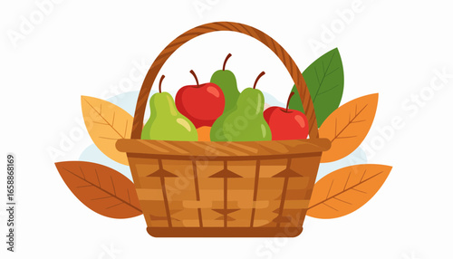 Fresh harvest of apples and pears in a rustic basket surrounded by autumnal leaves adds seasonal charm