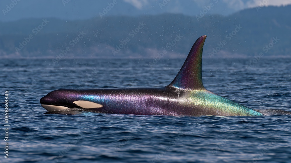 Naklejka premium Orca swimming in ocean, majestic black and white mammal breaching water surface, highlighting marine life and natural beauty.