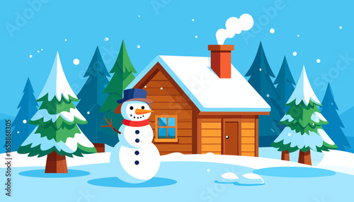 Winter wonderland scene featuring cozy cabin, frosty snowman, and snow-covered evergreen trees