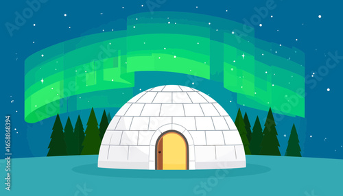 Stunning aurora borealis shines behind igloo in arctic winter wonderland, perfect for holiday cards