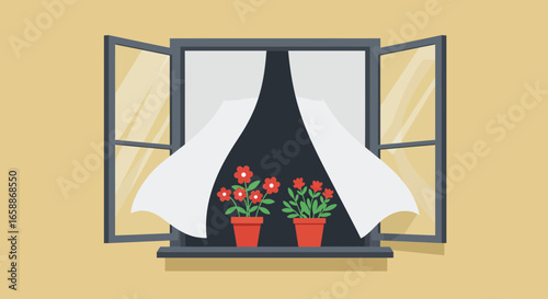 Open window with potted red flowers and blowing curtains invites fresh air and a touch of nature indoors