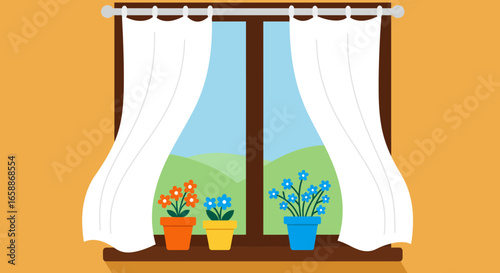 Scenic view from window with potted flowers and white curtains, bringing nature indoors for serene inspiration