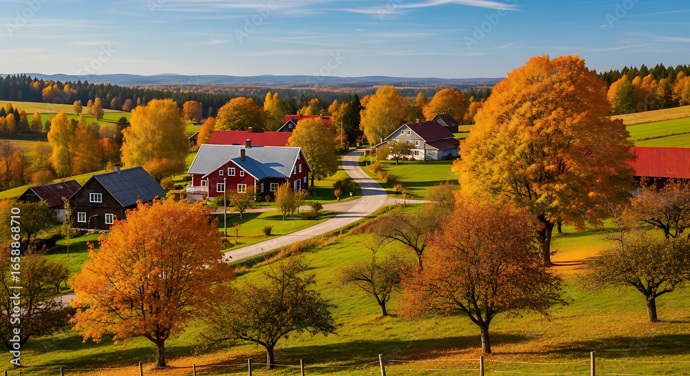 Obraz premium A picturesque rural scene in autumn featuring vibrant trees adorned in shades of orange and yellow. A winding gravel road leads through the landscape, passing a cluster of charming farmhouses with red