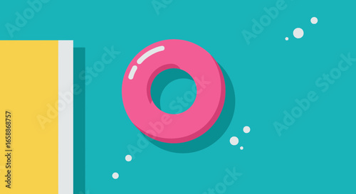 Vibrant pink inflatable ring floats in bright blue water near yellow pool edge