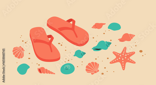Vibrant coral flip-flops and seashells scattered on sandy beach evoke summer vacation bliss