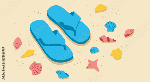 Bright blue flip-flops and colorful seashells scattered on sandy beach for summer vacation fun