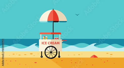 Vibrant beach scene with classic ice cream cart evokes summer fun and refreshing treats