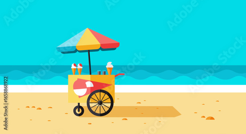 Vibrant beach scene with colorful ice cream cart and refreshing ocean waves evokes summer joy
