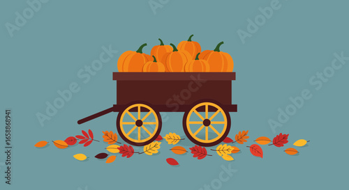Harvest wagon overflowing with vibrant pumpkins surrounded by colorful autumn leaves evokes cozy fall season celebration
