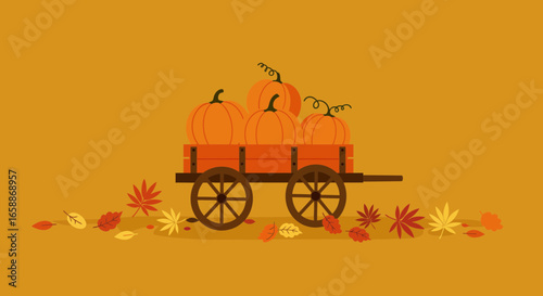 Harvest bounty wagon overflowing with pumpkins and autumn leaves signals vibrant fall celebration