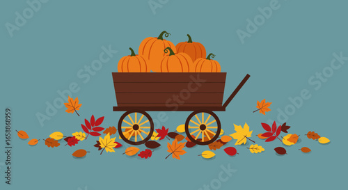Abundant pumpkins fill rustic wagon surrounded by vibrant autumn leaves, celebrating harvest season joy