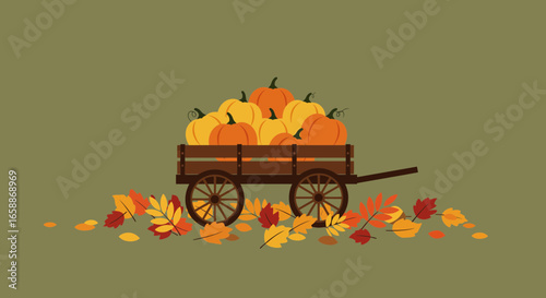 Harvest bounty of pumpkins fills rustic wooden wagon surrounded by vibrant autumn leaves