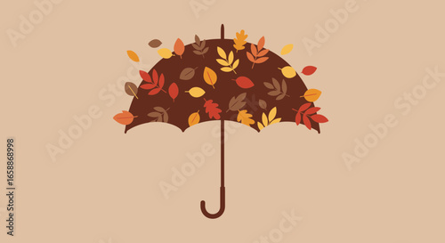 Charming umbrella adorned with vibrant autumn leaves offers cozy seasonal protection and warmth
