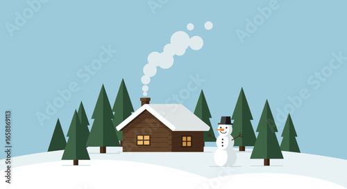 Cozy winter cabin with snowman and smoking chimney surrounded by snow-covered pine trees under clear sky