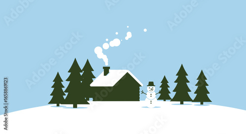 Cozy winter cabin scene with a friendly snowman and smoking chimney amidst snow-covered evergreen trees