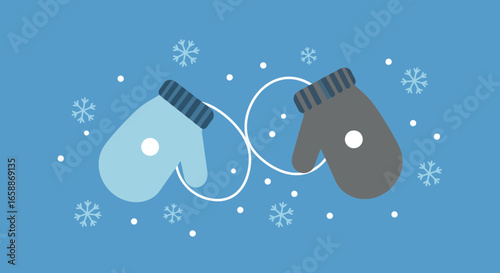 Cozy winter mittens with falling snowflakes create a charming seasonal greeting or design element