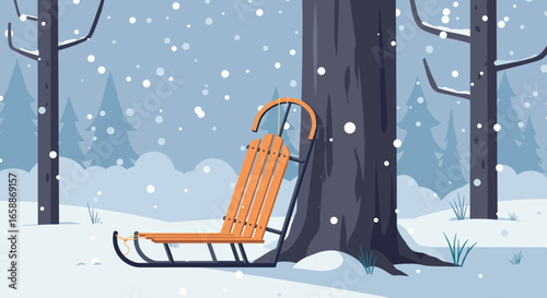 Charming wooden sled rests in a serene snowy forest during a gentle snowfall