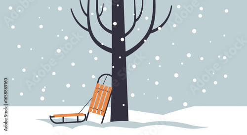 Cozy winter scene with a sled leaning against a bare tree during a gentle snowfall