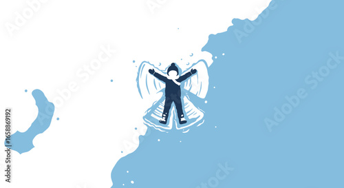 Joyful child creating a snow angel, embracing winter fun and outdoor play