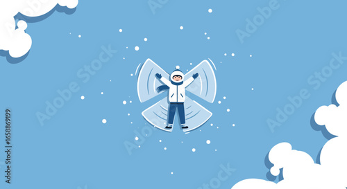Joyful child creating a snow angel, embracing winter fun and outdoor activities with a smile