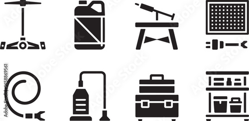 Assortment of Household and Workshop Equipment Icons in Silhouette Style on Transparent Backdrop