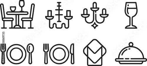 Elegant Dining Table Setting with Chandelier and Covered Dish Line Art Icon Illustration
