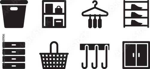 Laundry and Storage Icons Set Black Silhouette on Transparent Background Home Organization Vector