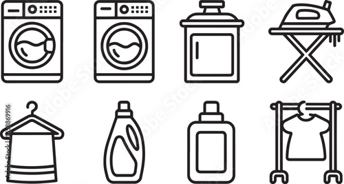 Laundry Day Essentials Vector Set Washing Machine Detergent Ironing Board and Clothes Rack Icons