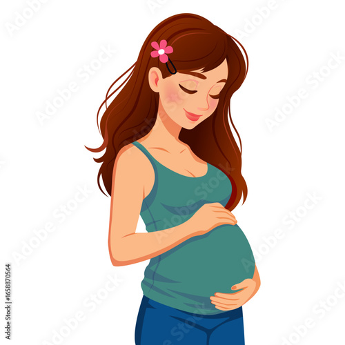 Pregnant woman vector illustration, cartoon style maternity and motherhood concept, expectant mom holding belly, baby bump character for cards and t-shirts