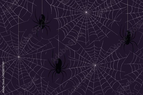Creepy spiders dangle from delicate webs, weaving an intricate pattern that crisscrosses the canvas. The spiders are positioned at varying angles,