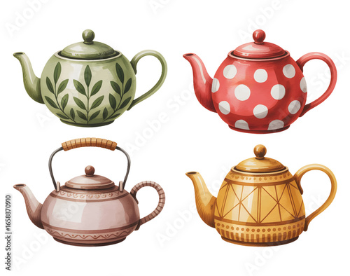 Watercolor ceramic teapots in watercolor style featuring traditional rustic designs.