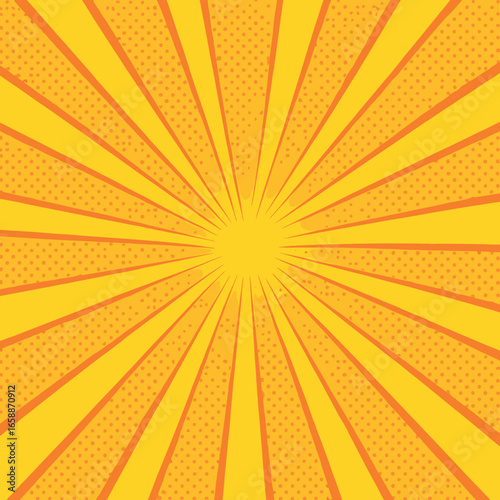 Radiating yellow beams emanate from a central point, creating a dynamic sense of movement and focus. These beams are layered over a background of