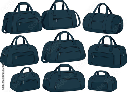 A series of gym bags in varying shapes and sizes, arranged in a circular pattern. Each bag showcases different handle styles and pocket placements,